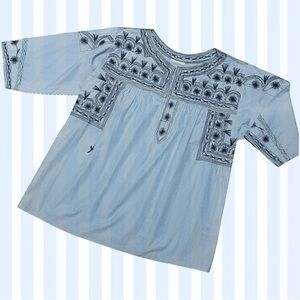 Mi Golondrina • Blue & White Striped Hand Embroidered Tunic || XL